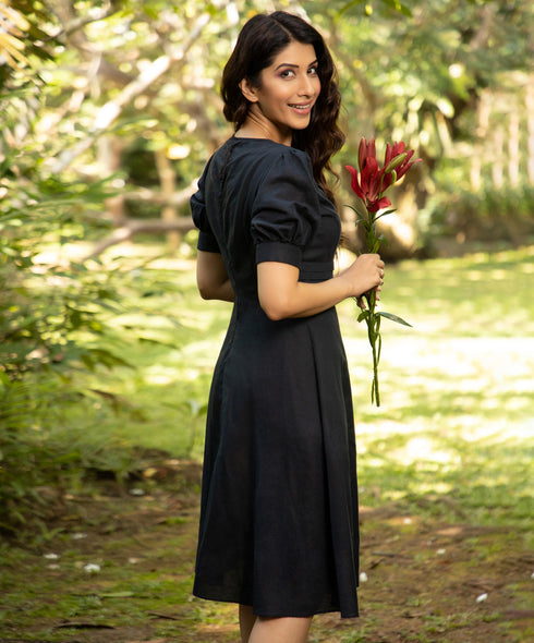 Blue Vneck Puffed Sleeve Linen Dress